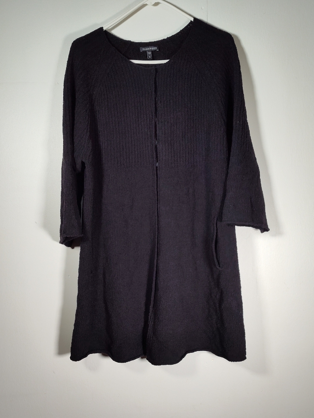 Eileen Fisher black ribbed wool snap front long line cardigan sweater XL